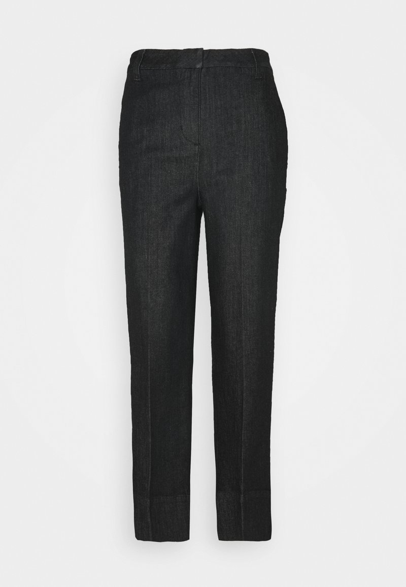 Pantalons en denim foncé à jambe droite avec une taille classique, des coutures subtiles et un design ajusté. Texture lisse et sans embellissements visibles.