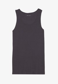 Dunkelgraues Tanktop aus geripptem Stoff. Verfügt über einen runden Halsausschnitt und breite Armausschnitte, die ein schlichtes und lässiges Design bieten.