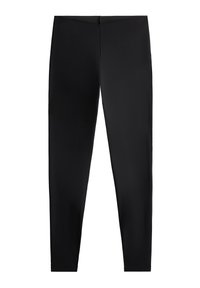 Leggings noirs en tissu extensible, avec une texture lisse, un design ajusté et une taille haute sans coutures visibles.