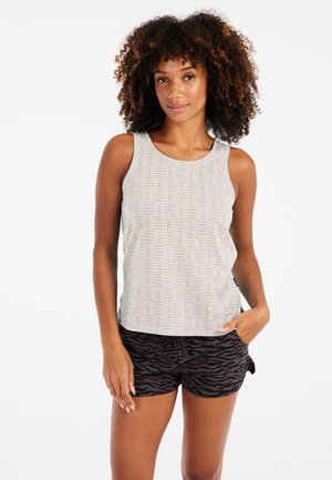 Light gray sleeveless top with a textured geometric pattern, paired with black shorts featuring a black horizontal stripe design.