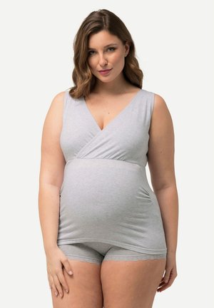 Gray maternity tank top with a V-neck and short sleeves, paired with matching gray shorts featuring scalloped lace trim. Soft, stretchy fabric.