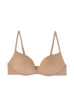 Beige Unterwired-BH mit glatten, gepolsterten Cups, verstellbaren Trägern und einem dezenten Nahtdesign. Hinten mit einem Haken- und Ösenverschluss geschlossen.