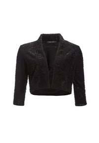 Cárdigan negro de textura con mangas tres cuartos y abierto por delante de la marca Swing sobre un fondo blanco.