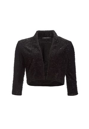Sort tekstureret cropped cardigan med trekvartærmer og åben front fra mærket Swing på en hvid baggrund.