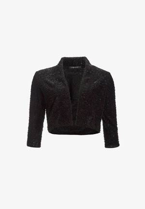 Cardigan court noir à texture, avec des manches trois-quarts et une ouverture sur le devant, de la marque Swing, sur fond blanc.
