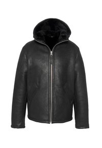 Schwarze Lederjacke mit Reißverschluss, Fronttaschen und Kapuze, die mit weichem schwarzem Fell gefüttert ist. Glatte Textur und strukturiertes Design.