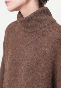 Pull en mélange de laine marron avec un col roulé haut à côtes et un tissu texturé. Le design présente une coupe ample et une texture douce et chaude.