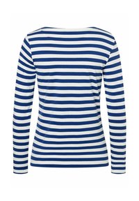 Langsleeve shirt met marineblauwe en witte horizontale strepen. Zachte stof, ronde halslijn, getailleerd ontwerp en geen zichtbare hardware detail.