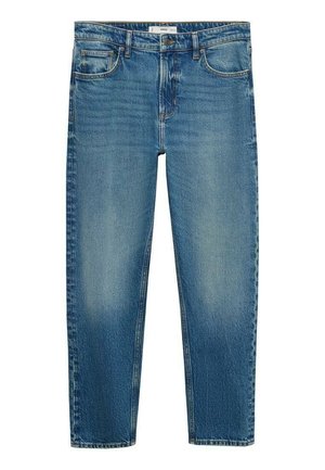 Lichtblauwe denim jeans met een rechte pasvorm. Kenmerken zijn onder andere vijf zakken, een knoopsluiting aan de voorkant en subtiele slijtplekken op de stof.