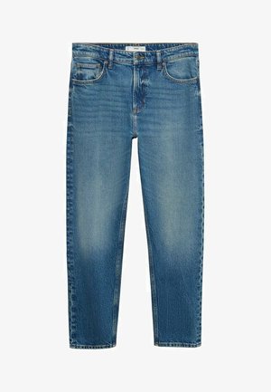Lichtblauwe denim jeans met een rechte pasvorm. Kenmerken zijn onder andere vijf zakken, een knoopsluiting aan de voorkant en subtiele slijtplekken op de stof.