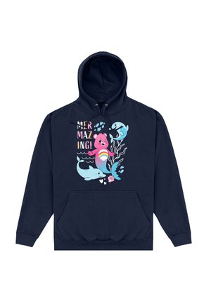Sudadera de marina con un gráfico frontal que presenta una sirena oso rosa, dos delfines azul claro, coral y el texto "¡MERMAZING!" en letras coloridas.