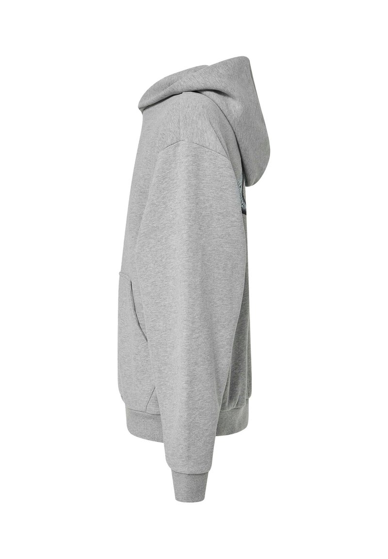 Grauer Kapuzenpullover aus weichem Material. Verfügt über eine Kängurutasche, gerippte Bündchen und einen lässigen Schnitt mit einer glatten Textur.