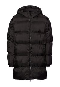 Czarna kurtka puchowa z kapturem, z pikowanym wzorem, przednim zamkiem błyskawicznym i bocznymi kieszeniami. Wykonana z błyszczącego, gładkiego materiału.