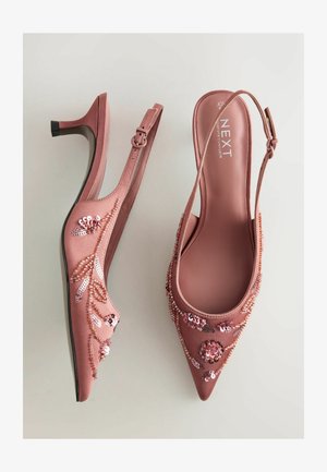 Roosa rozella sangaalused kontsad satiinist, terava ninaga, kaunistatud litrite ja helmestega, hõrgu kontsaga ja reguleeritava pahkluu rihmaga.