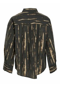 Langärmliges Hemd in Dunkelgrün mit beigem Batikmuster, mit Kragen und abgerundetem Saum, aus leichtem strukturiertem Stoff.