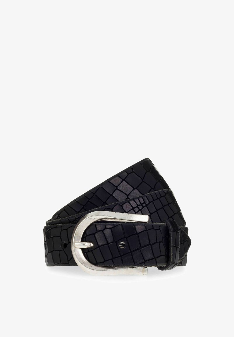 Cintura in pelle nera con motivo testurizzato a coccodrillo, dotata di una fibbia argentata e un foro singolo per la regolazione.