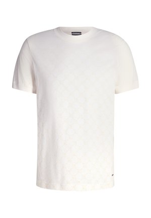 Kremowa koszulka z krótkim rękawem z subtelnym geometrycznym wzorem, okrągłym dekoltem, wykonana z miękkiej tkaniny, ozdobiona małym logo przy lewym dolnym brzegu.