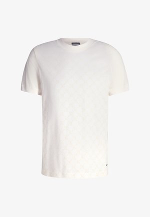 Kremowa koszulka z krótkim rękawem z subtelnym geometrycznym wzorem, okrągłym dekoltem, wykonana z miękkiej tkaniny, ozdobiona małym logo przy lewym dolnym brzegu.