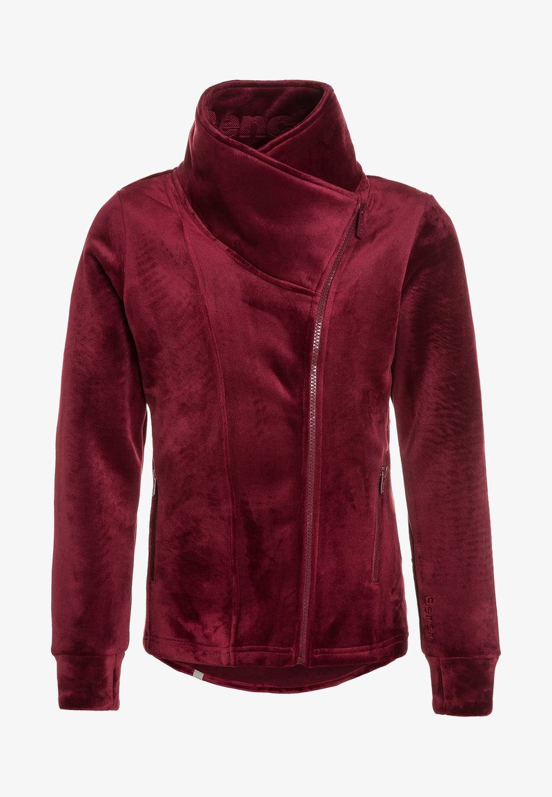 Veste en polaire rouge profond avec fermeture éclair asymétrique à l'avant, col montant, manches longues et poches latérales zippées.