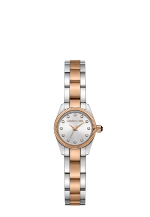 Reloj de pulsera bicolor plateado y oro rosa con esfera redonda, marcadores de hora de cristal y tres manecillas que indican las 1:10:38.