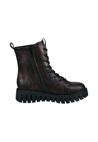 Botines Axel en marrón oscuro, material similar al cuero, con cremallera lateral, frente con cordones y suela negra gruesa con estrías.