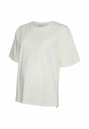 T-Shirt mit Kurzarm und Rundhalsausschnitt aus leichtem beigen Baumwollstoff. Einfaches Design mit lockerer Passform und geradem Saum. Keine Muster oder Akzente.