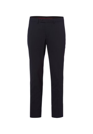 Zwarte op maat gemaakte broek met ceintuurlussen, knoopsluiting en smalle, rechte pijpen, geschikt voor formele of professionele kleding.