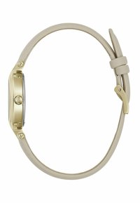 Orologio dorato con cassa rotonda, cinturino in pelle beige chiaro e design elegante e minimalista. Cinturino regolabile con un accento hardware dorato.