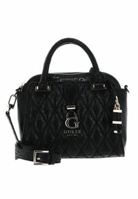 Sac à main noir en matériau texturé, avec un motif en diamant, deux poignées supérieures, une bandoulière amovible et des accents en métal argenté.