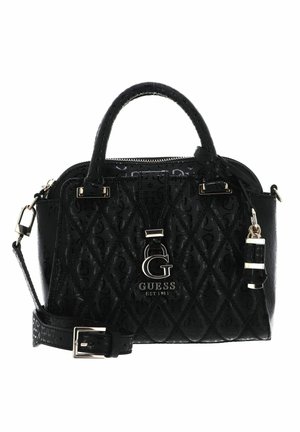 Sac à main noir en matériau texturé, avec un motif en diamant, deux poignées supérieures, une bandoulière amovible et des accents en métal argenté.