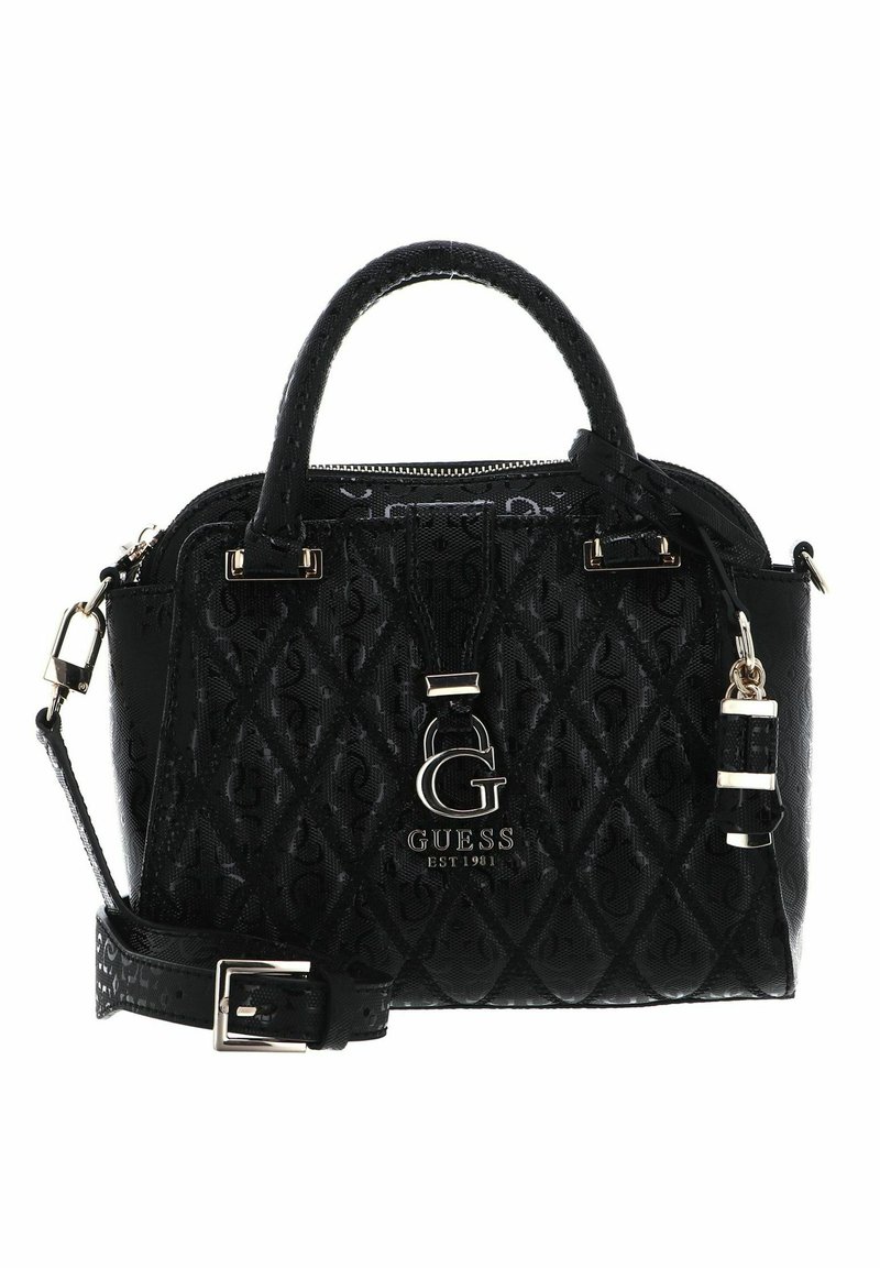 Sac à main noir en matériau texturé, avec un motif en diamant, deux poignées supérieures, une bandoulière amovible et des accents en métal argenté.