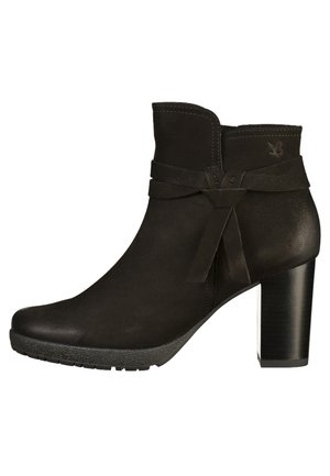 Black leather ankle boot with a smooth finish, rounded toe, side ribbon detail, and a chunky high heel. Textured sole for grip.