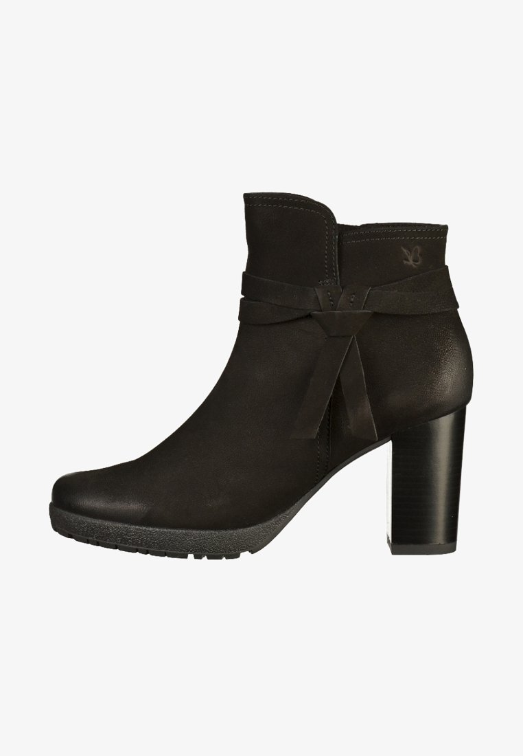 Black leather ankle boot with a smooth finish, rounded toe, side ribbon detail, and a chunky high heel. Textured sole for grip.