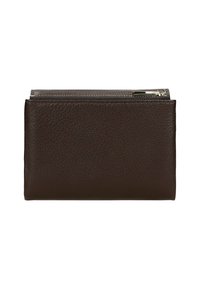 Portafoglio in pelle marrone scuro con superficie texture e zip argentata lungo il bordo superiore, presentato su uno sfondo bianco.