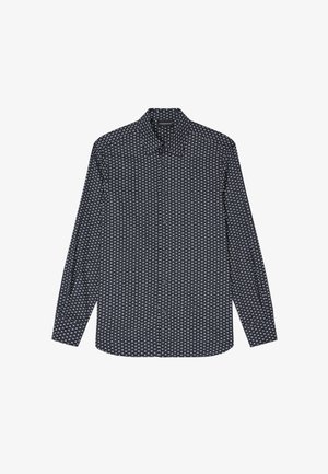 Camicia a maniche lunghe navy con motivo geometrico bianco, colletto a punta e chiusura frontale con bottoni. Realizzata in tessuto leggero con una texture liscia.