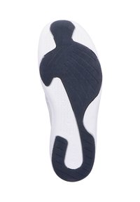 White sneaker sole featuring a textured dark blue rubber outsole, grooved pattern for traction, and branding on the side.