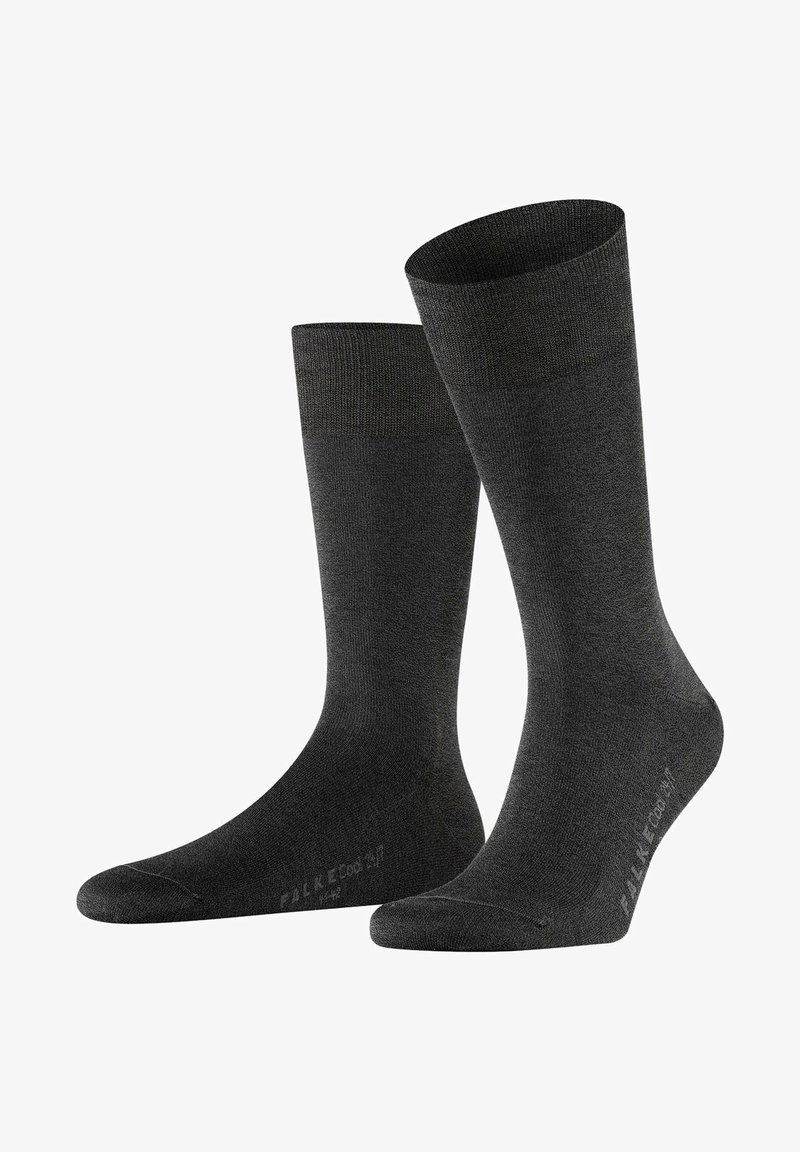 Dark gray ankle-length socks with a smooth texture, ribbed cuffs, and a subtle brand logo on the sole. Made from soft, stretchy material.