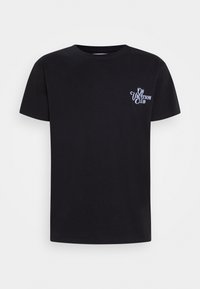 Czarny bawełniany t-shirt z okrągłym dekoltem. Przód z grafiką tekstową "ON VACATION CLUB" w kolorze białym. Krótkie rękawy, standardowy krój.