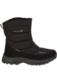 Svarta vattentäta vinterstövlar med en mjuk skalfot, vadderad design, texturerad sula och en krage fodrad med päls för ökad komfort.