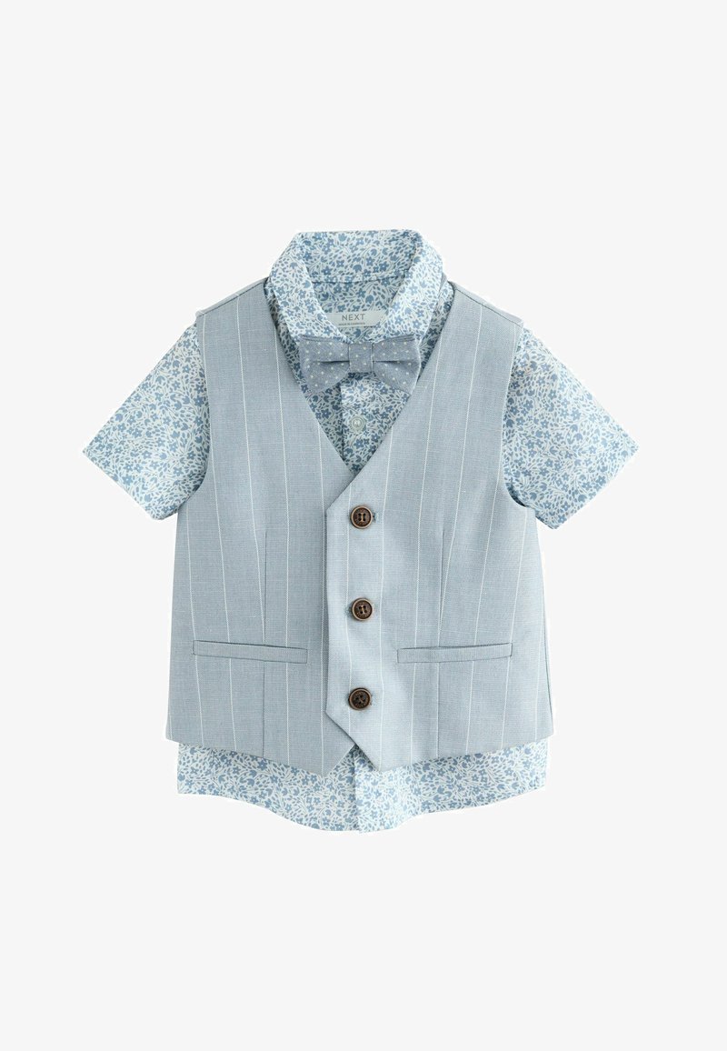 Blue floral short-sleeve shirt with matching bow tie and a light blue pinstripe vest with three brown buttons on a white background.
