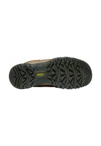 Outdoor-Schuh mit einer dicken Gummisohle, die tiefen Profil bietet, braunem Obermaterial und einem KEEN-Logo auf der Sohle für Traktion und Unterstützung.