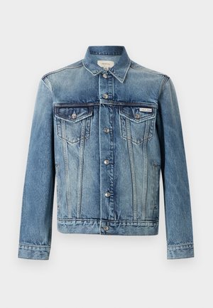 Μπλε τζιν μπουφάν με κουμπιά μπροστά, δύο τσέπες στο στήθος με καπάκια, μακριά μανίκια και λογότυπο Calvin Klein στην αριστερή τσέπη.