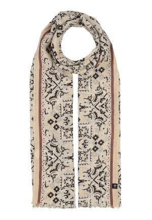 Hellbeiger Schal mit schwarzen, filigranen Blumen- und geometrischen Mustern, umrandet von dünnen braunen und rosa Streifen, mit Fransen an den Rändern.