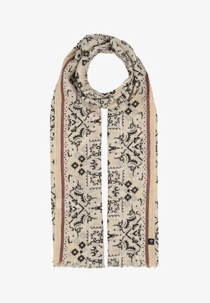 Hellbeiger Schal mit schwarzen, filigranen Blumen- und geometrischen Mustern, umrandet von dünnen braunen und rosa Streifen, mit Fransen an den Rändern.