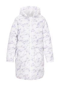 Weißer Puffermantel mit lila Marmor-Muster, ausgestattet mit einer Kapuze, Frontreißverschluss und zwei vorderen Taschen. Weicher Stoff und mittellanges Design.