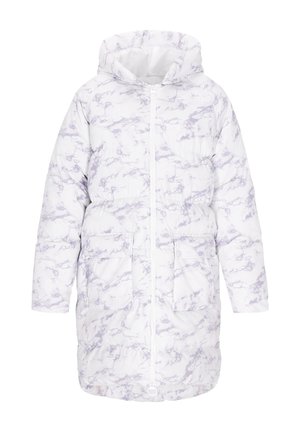 Geacă pufoasă albă cu model marmorat lavandă, prevăzută cu glugă, fermoar frontal și două buzunare în față. Textură moale și design de lungime medie.