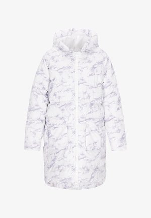 Puffer coat in white with lavender marble pattern, featuring a hood, front zipper, and two front pockets. Soft texture and mid-length design.