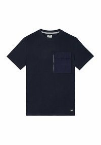 Tricou bleu marin cu mânecă scurtă, realizat din bumbac. Prezintă o buzunar cu fermoar pe piept, gât rotund și un mic eticheta cu logo în partea de jos.