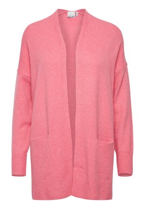 Cardigan rose en tricot avec un devant ouvert, des manches trois-quarts et deux poches avant. Texture douce, design décontracté.