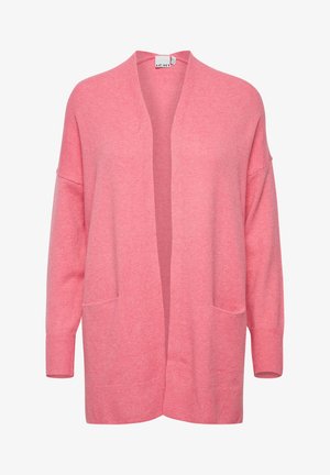 Roze gebreide cardigan met een open voorkant, driekwart mouwen en twee voorzakken. Zachte textuur, casual ontwerp.